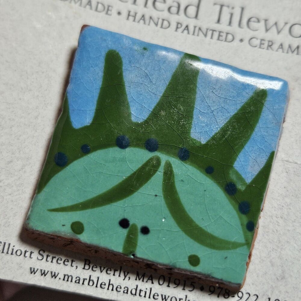 Marblehead Tileworks Green And Blue Painted Tile Brooch